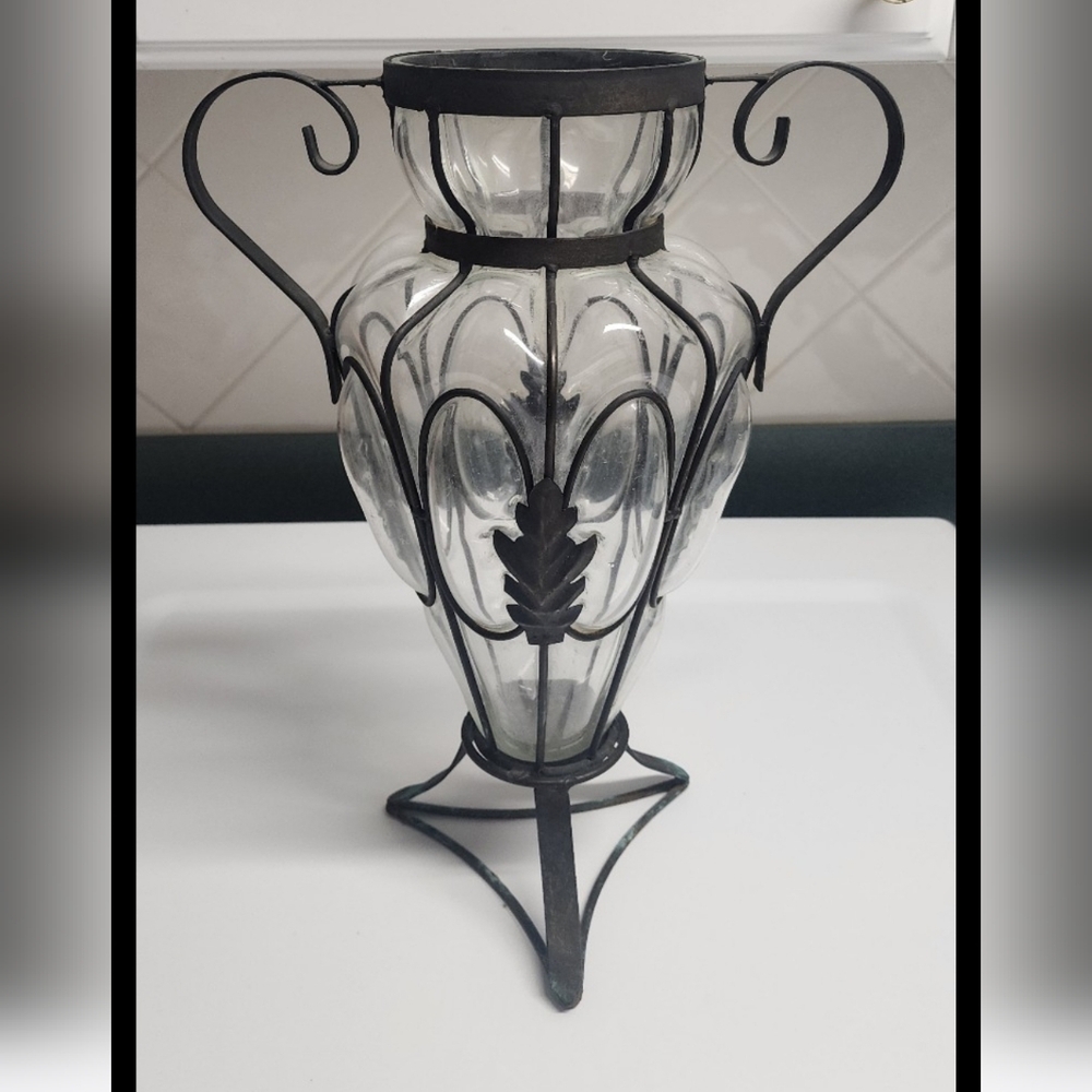 Large 15" tall Vintage Wrought Iron and Blown Glass Caged Vase with handles - Picture 3 of 7